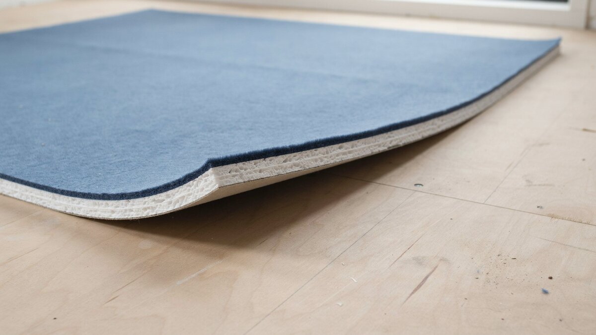 Blue and white foam carpet padding with a cut edge showing its thickness