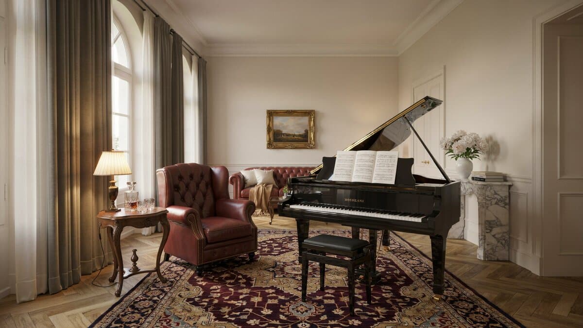 Formal living room music space with a black grand piano, leather wingback chair and a patterned area rug