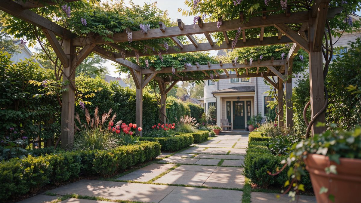 Wisteria draped walkway pergola leading to a front door through garden beds