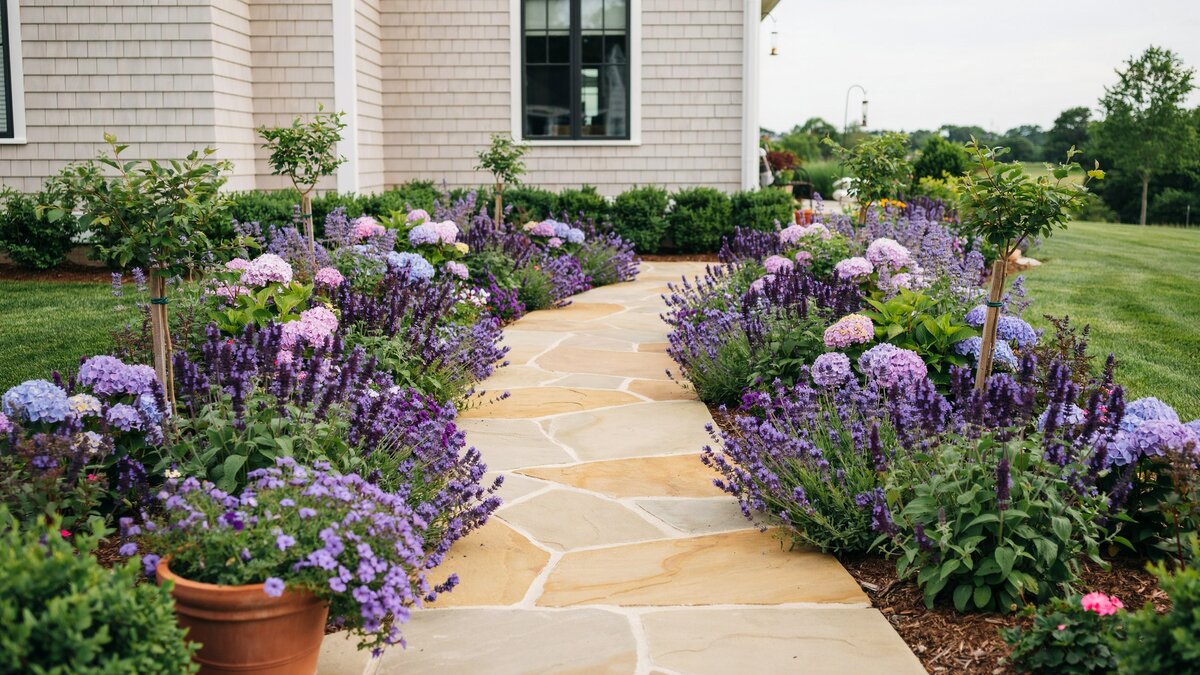 Golden quartzite path curving between deep beds of purple and pink blooms