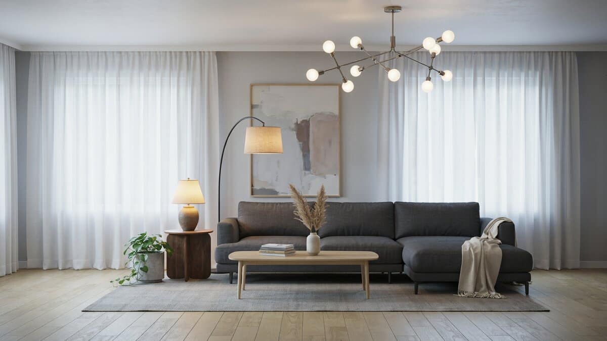 Multi-light chandelier illuminating a gray living room with floor and table lamps