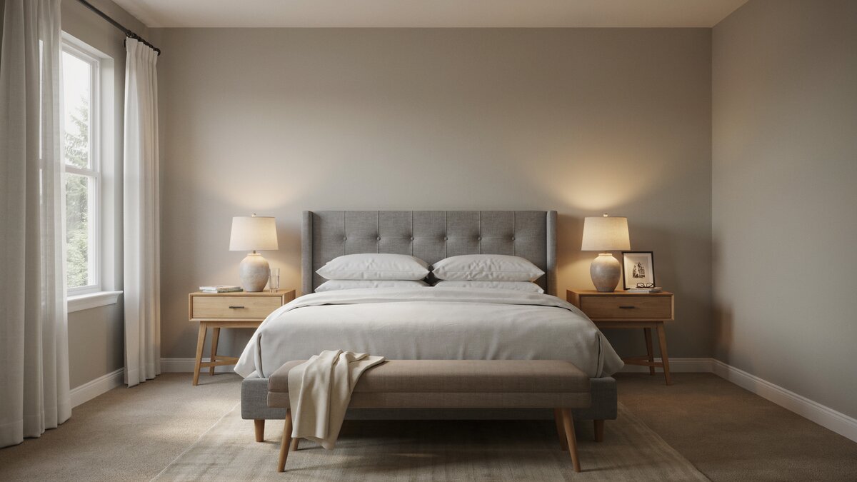 Tan wall to wall carpet paired with gray walls in a master bedroom