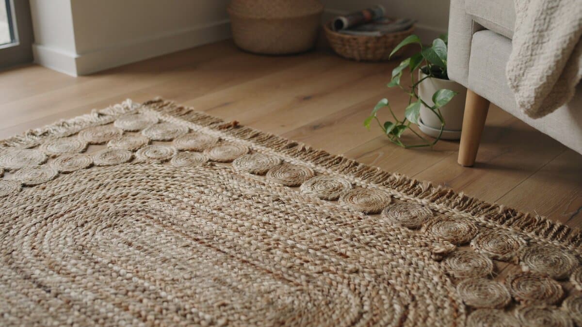 Hand woven jute rug with a chunky braided golden brown texture and fringe