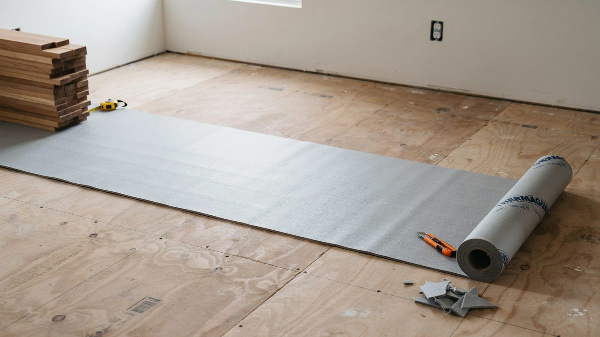 Foam underlayment partly unrolled across a plywood subfloor before installation