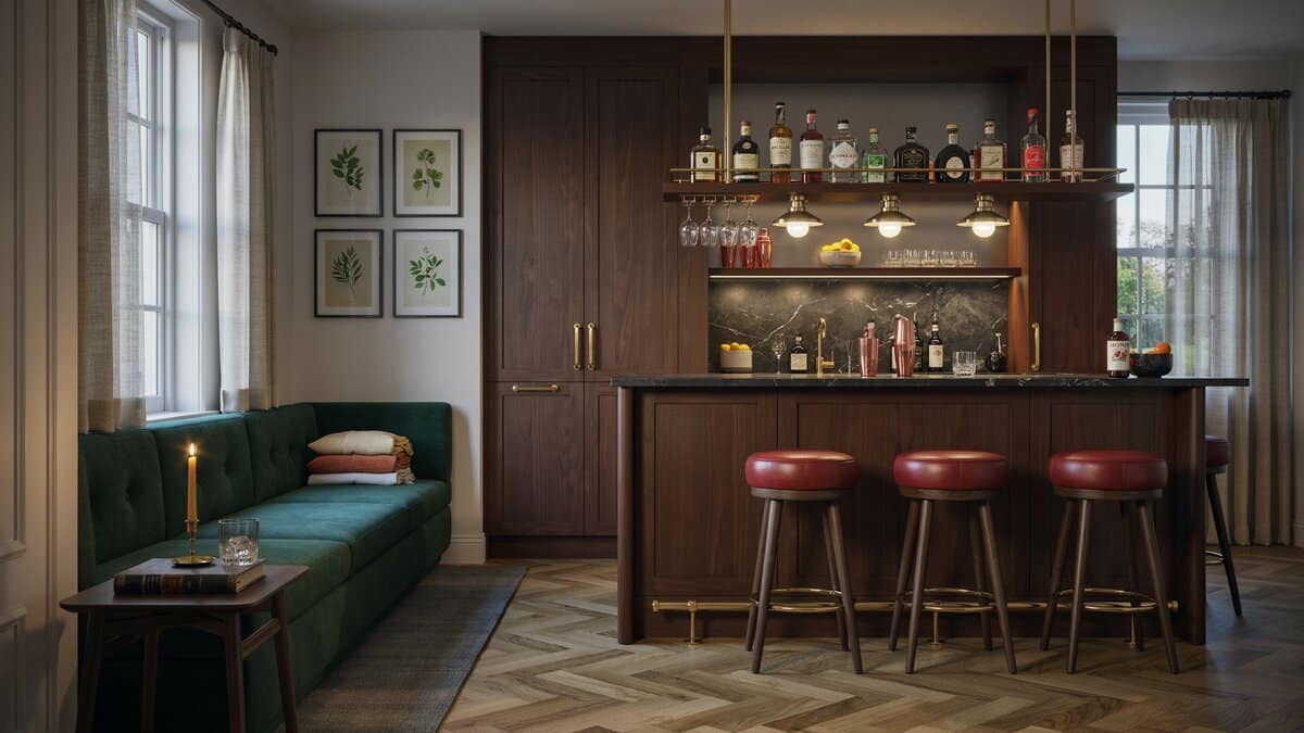 Home bar with dark wood cabinets, backlit bottle shelves, leather stools and green velvet bench seating