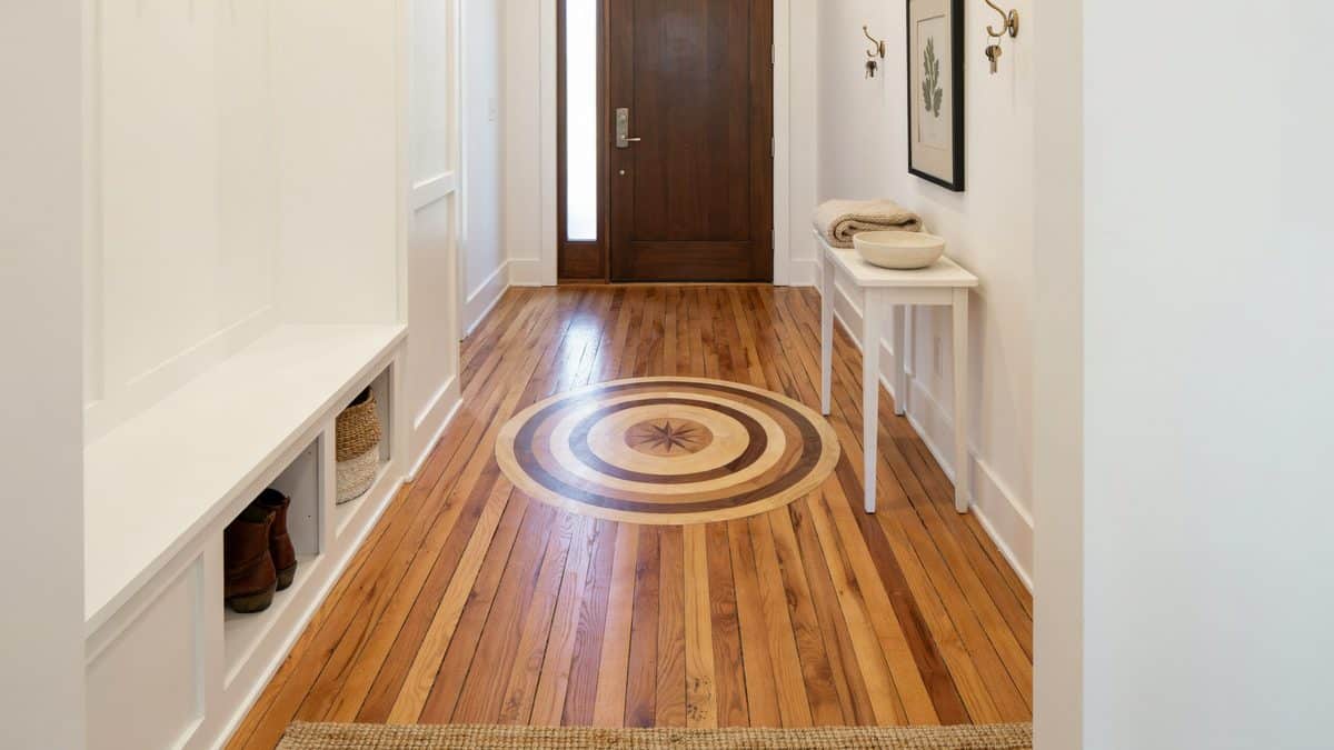 Entryway with a round wood medallion inlaid into the hallway floor