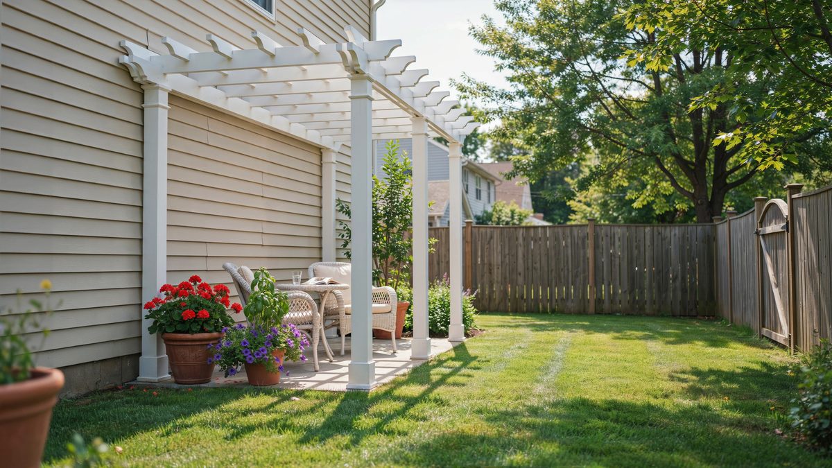 Small white lattice pergola attached to a shingle sided house corner