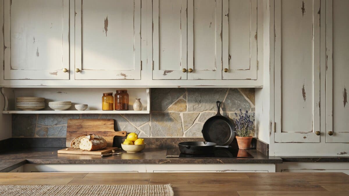 Antique white distressed cabinet doors paired with dark brown granite and open shelving