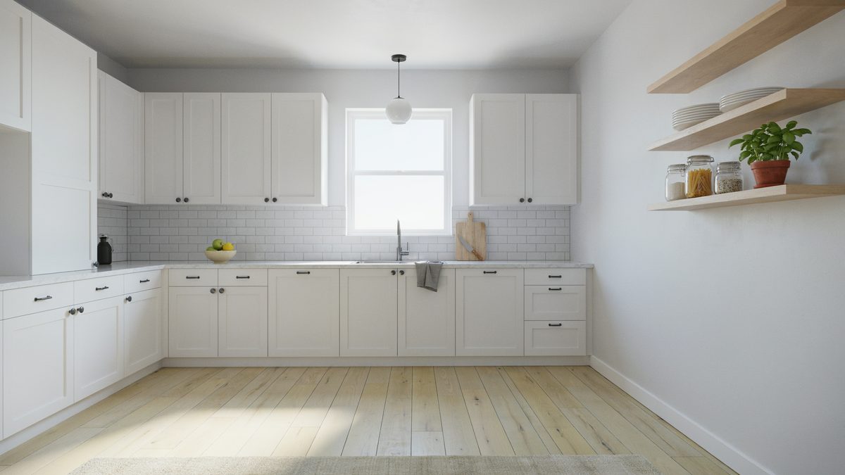 Bright white kitchen with pale yellow birch planks and open shelving
