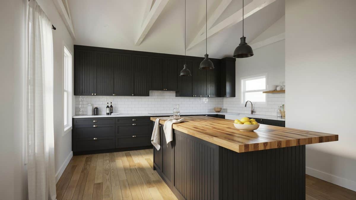 Black beadboard cabinet doors under a vaulted white ceiling with butcher block island