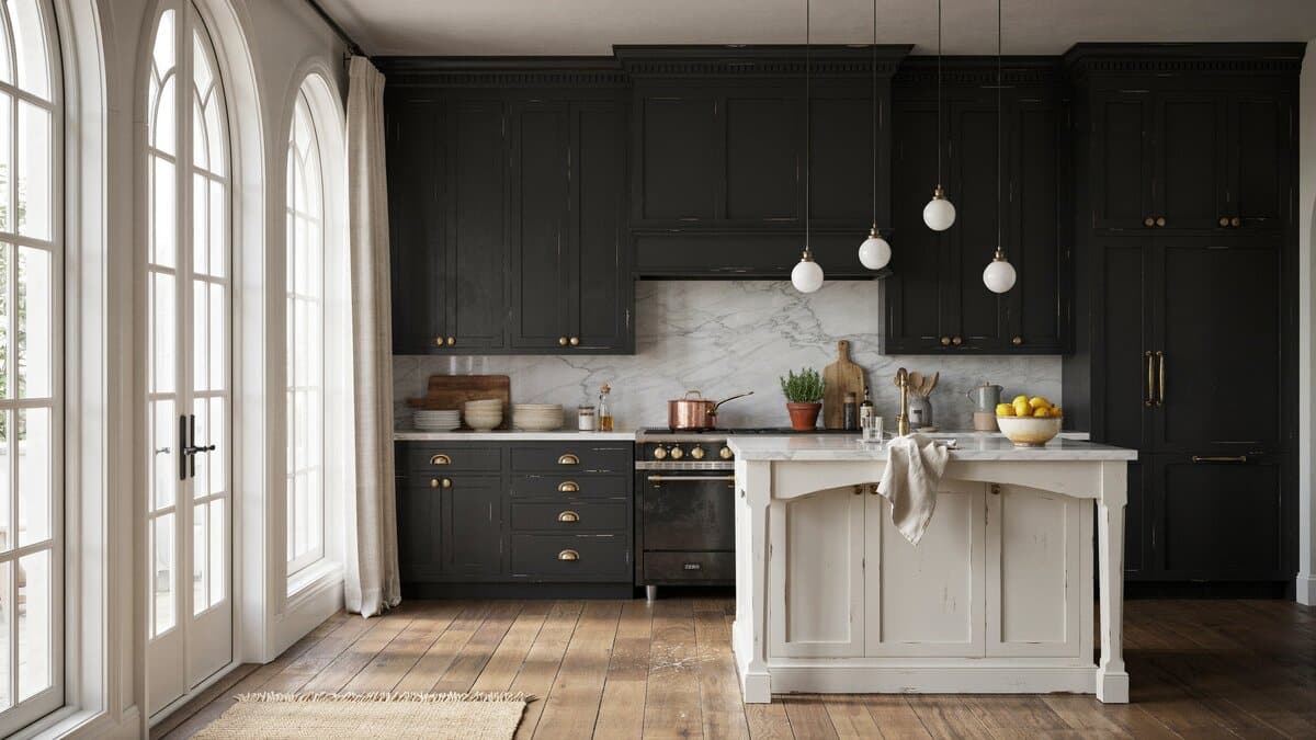 French style black distressed cabinets surrounding a white glazed center island