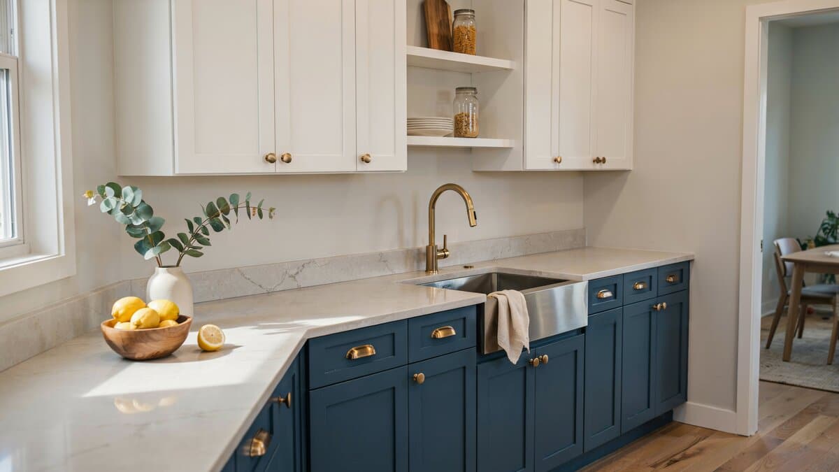Brass faucet and hardware with navy lower cabinets and white quartz counter