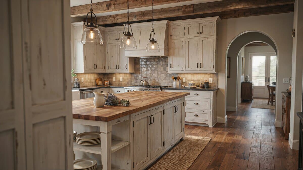 Spanish style kitchen with distressed antique white cabinets and red oak plank floors