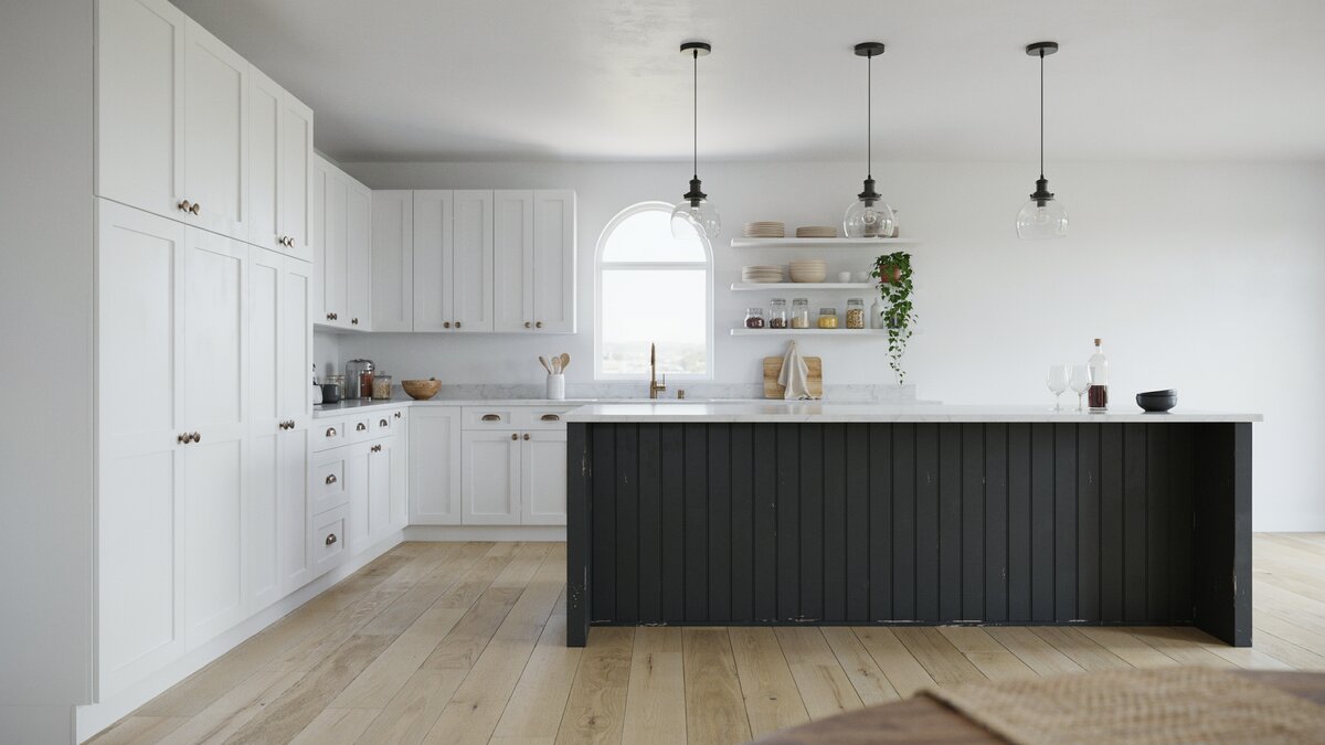 White perimeter cabinetry framing a distressed black paneled kitchen island