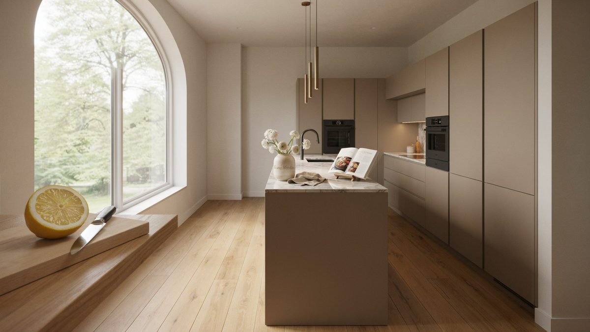 Taupe full access cabinets and a rectangular island under an arched window