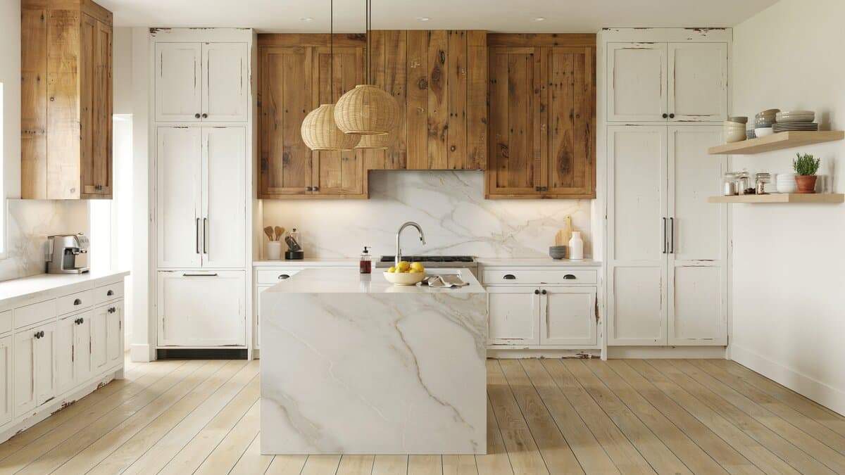 Gooseneck faucet with white quartz waterfall island and distressed wood cabinets
