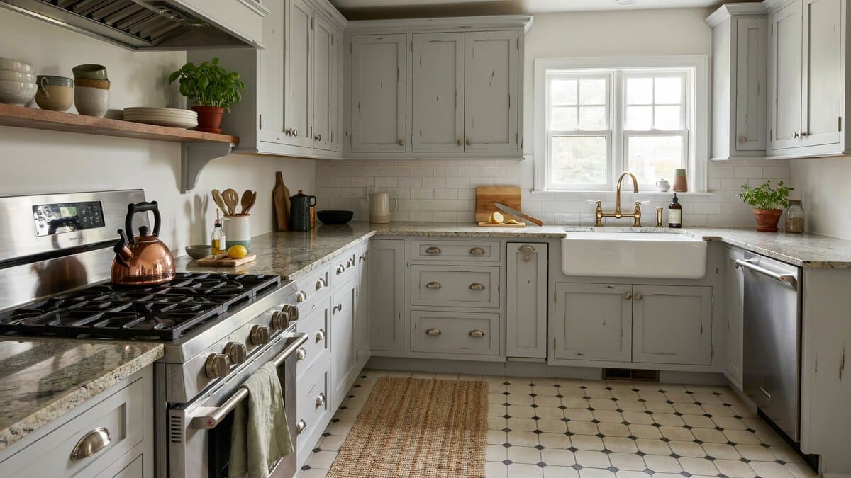 Gray distressed painted cabinets above patterned tile flooring with a farmhouse sink