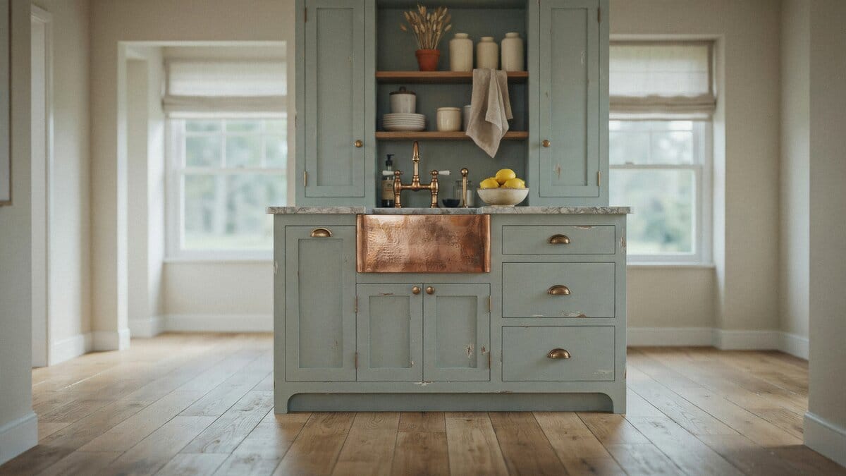Green distressed island holding a copper farmhouse sink with open pantry shelving