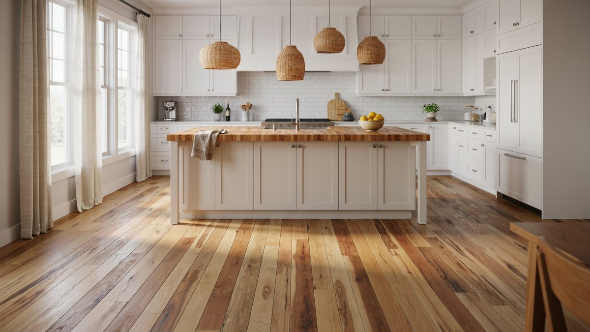 Kitchen with woven pendants and hickory boards showing strong color variation