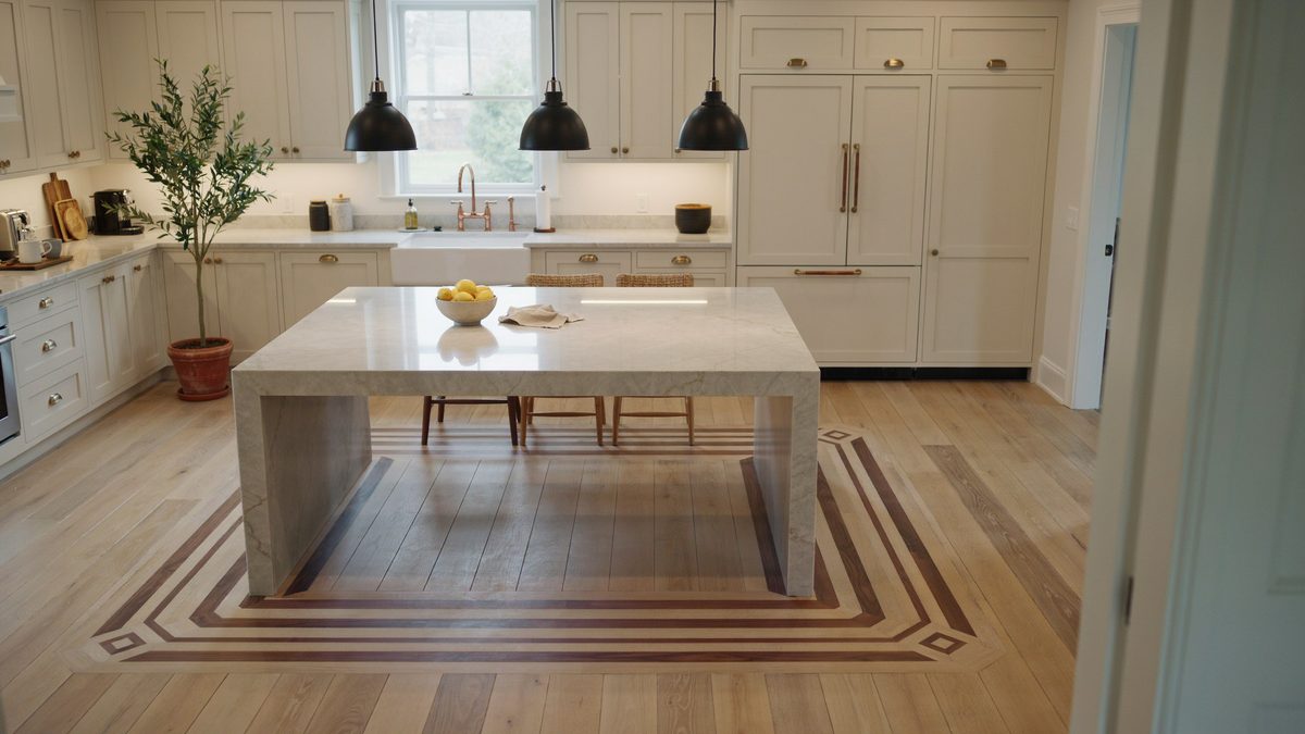 Kitchen island framed by a decorative wood inlay border in the floor