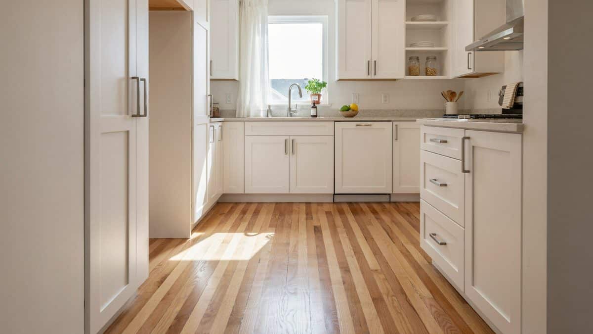 White cabinet kitchen with even toned maple flooring catching window light