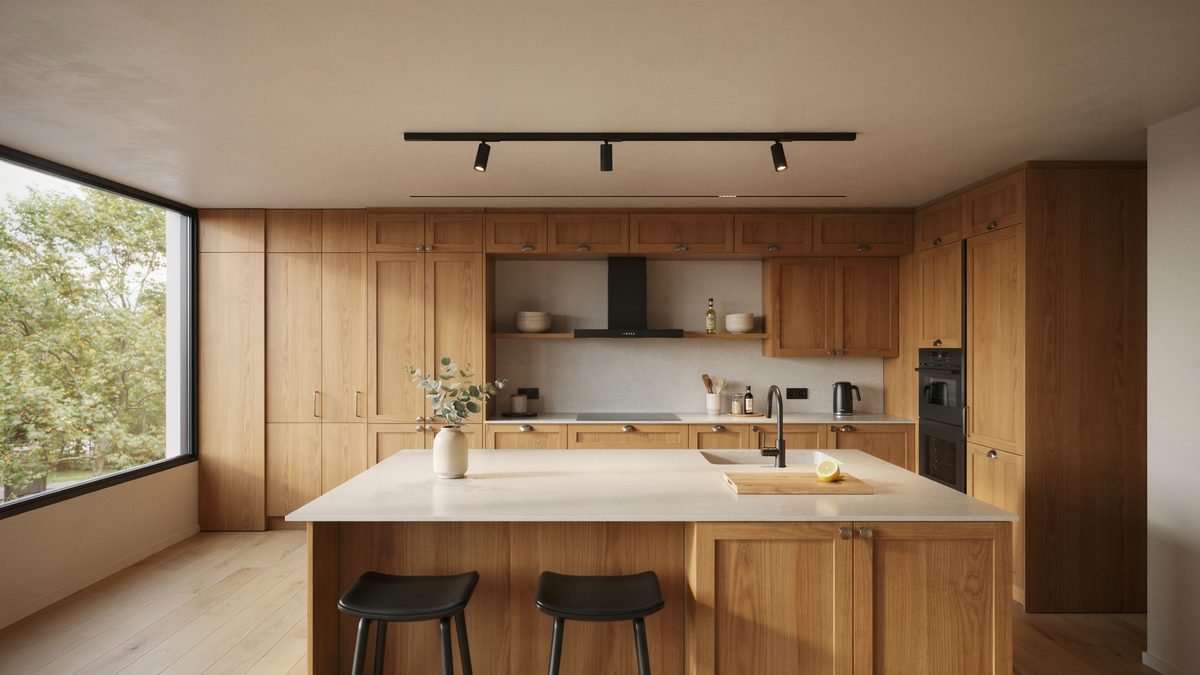 Warm wood shaker cabinets lit by black track lighting overhead