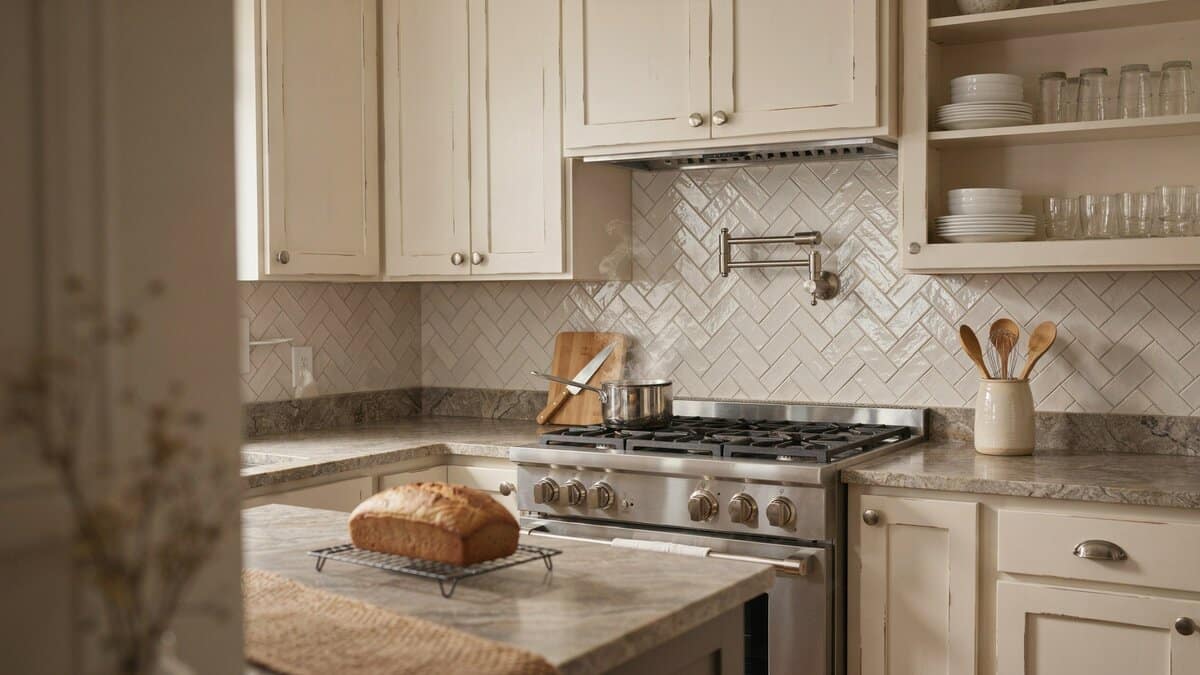 Cream distressed cabinets with a pot filler above the range and herringbone tile