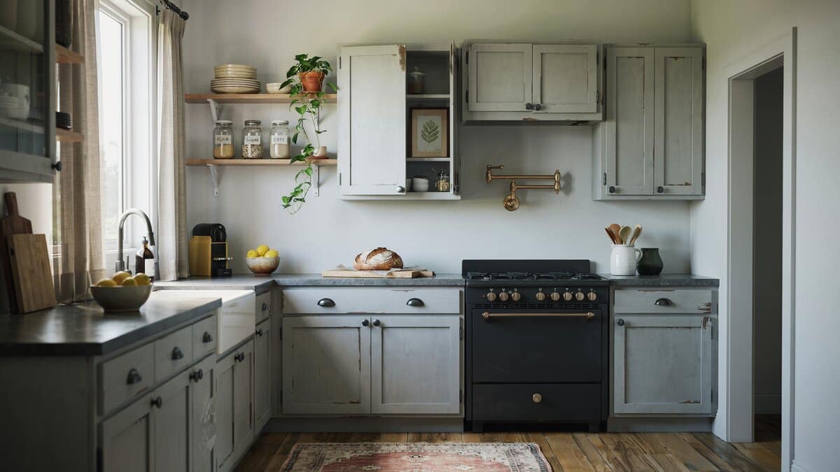 Wall mounted pot filler above range in gray kitchen with black stove
