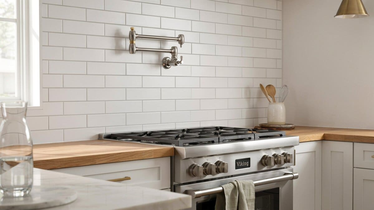 Brass pot filler faucet mounted over range against white subway tile