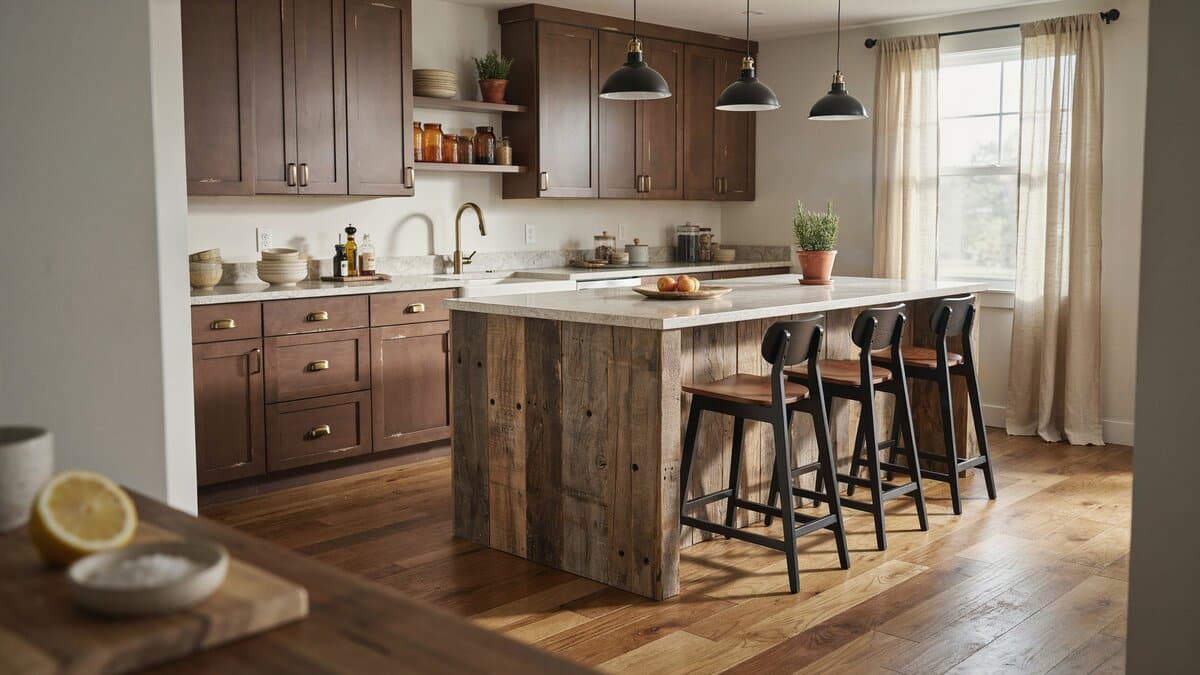 Reclaimed barn wood island beside brown distressed cabinets and quartz countertops