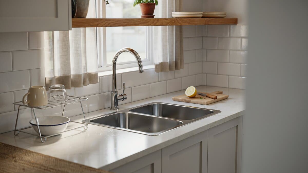 Standard curved neck faucet over stainless double basin sink by window