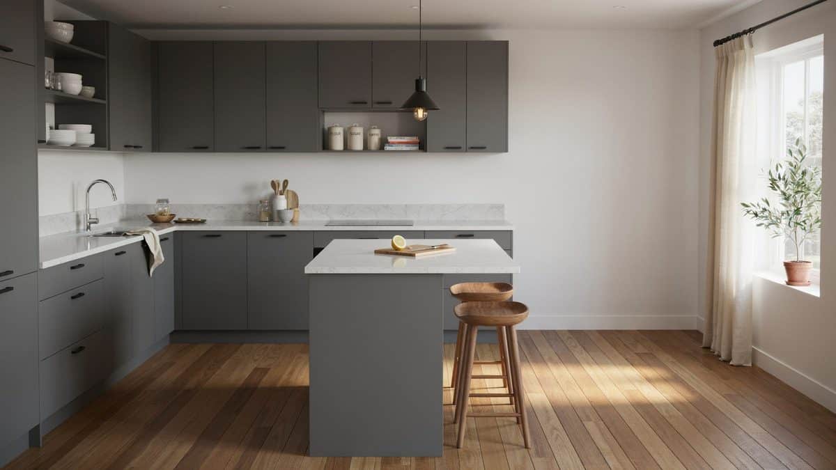 Gray flat panel kitchen above warm walnut engineered boards and a stone island
