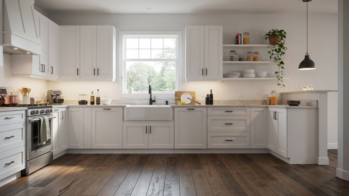 White kitchen with a farmhouse sink above wide dark oak planks