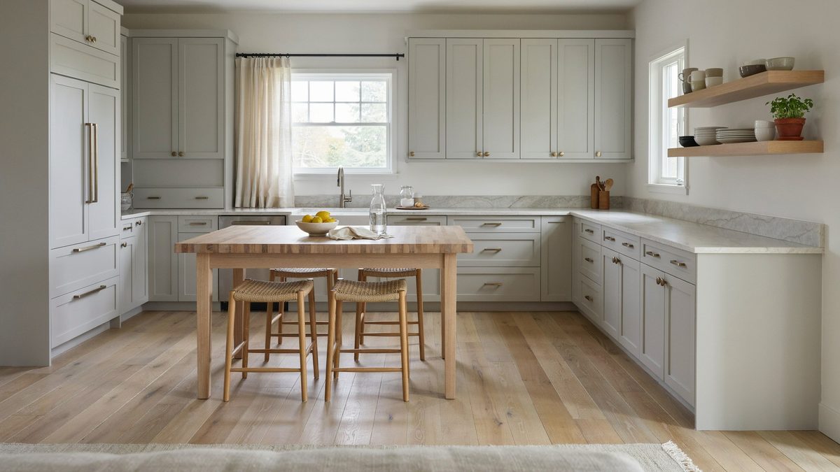 Cottage kitchen with a wood table island above wide white oak planks
