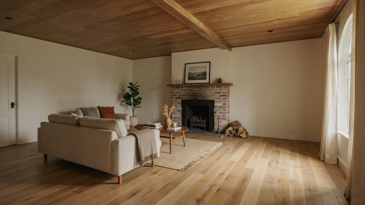 Large living room with a plank ceiling, brick fireplace and oak floors