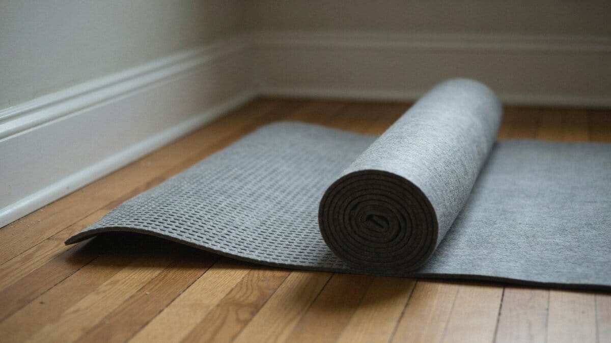 Gray latex rug padding partly unrolled on a bare wood floor