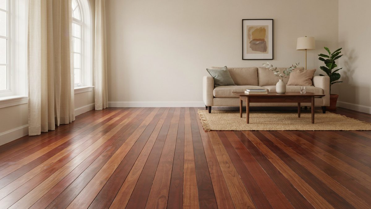 Living room with deep red Brazilian cherry boards and a low neutral sofa