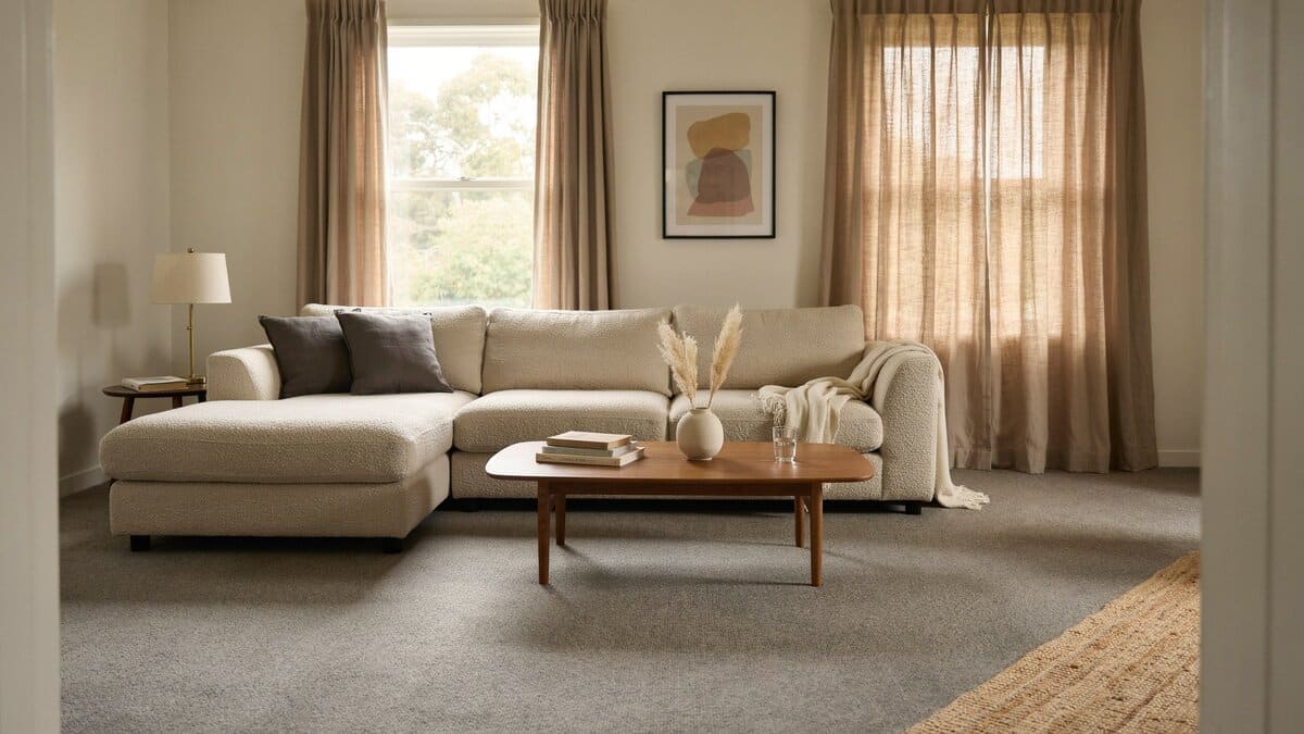 Gray nylon wall to wall carpet under a sectional sofa and coffee table