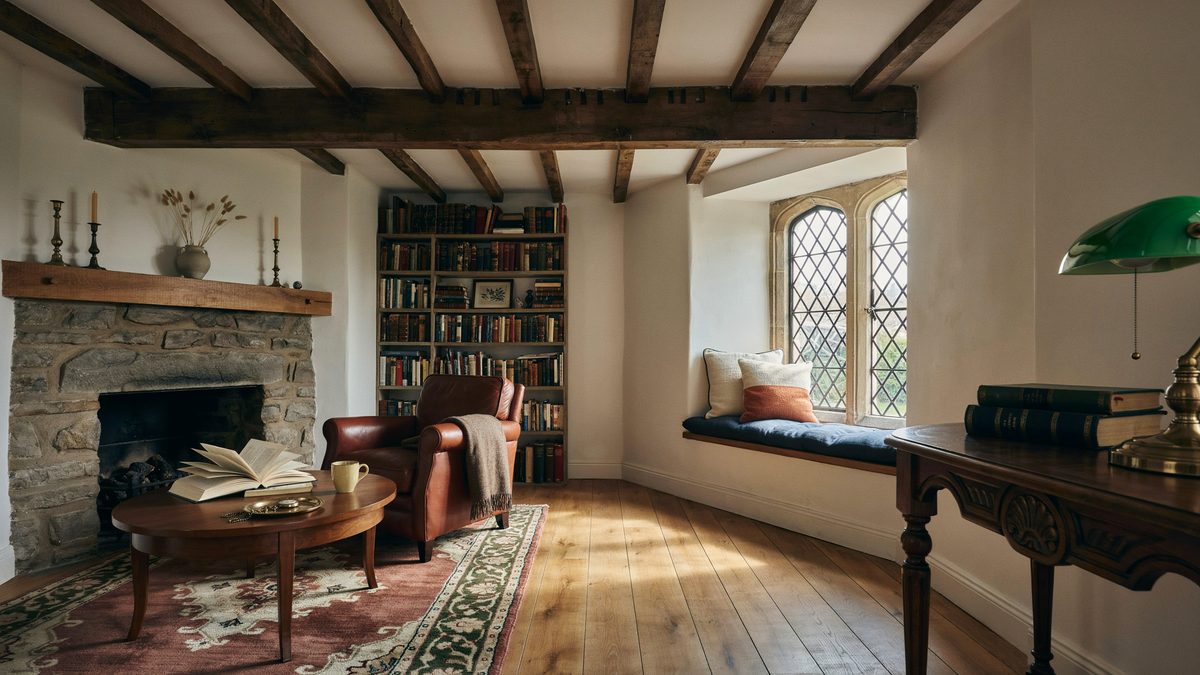 Tudor style room with a stone fireplace and natural American walnut floors