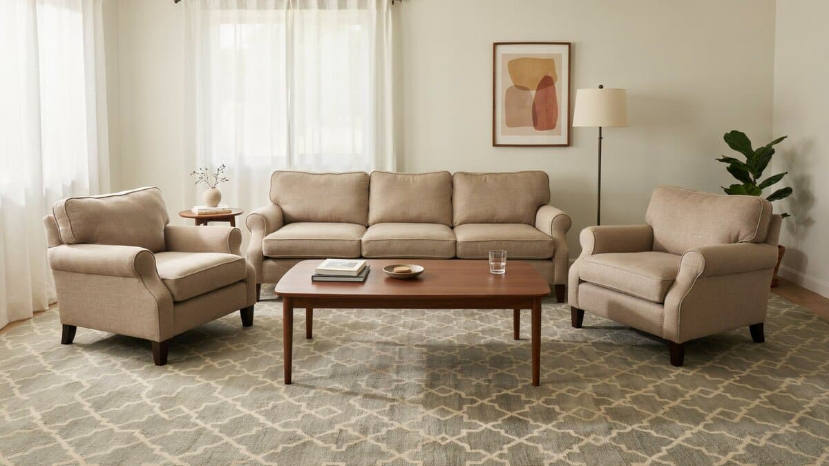 Patterned nylon carpet under a sofa and two armchairs in a living room