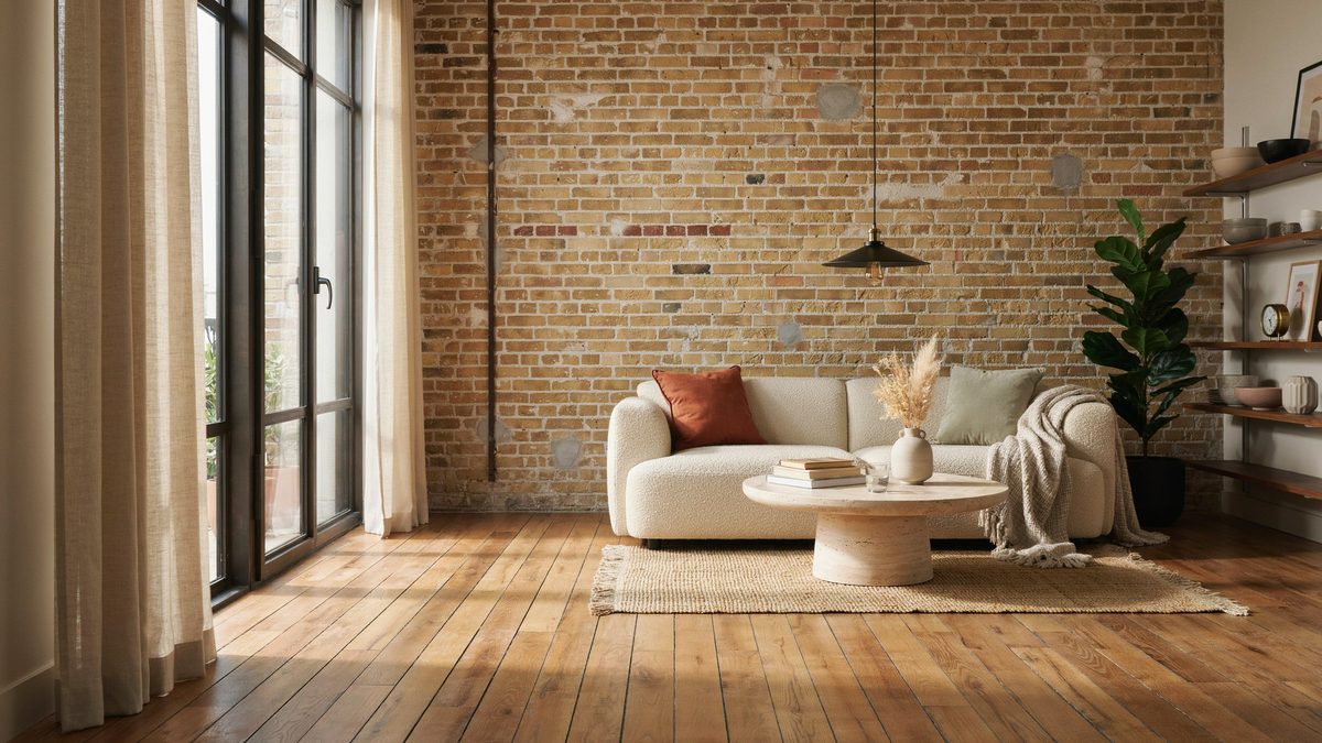 Brick walled loft with warm acacia planks and a curved cream sofa