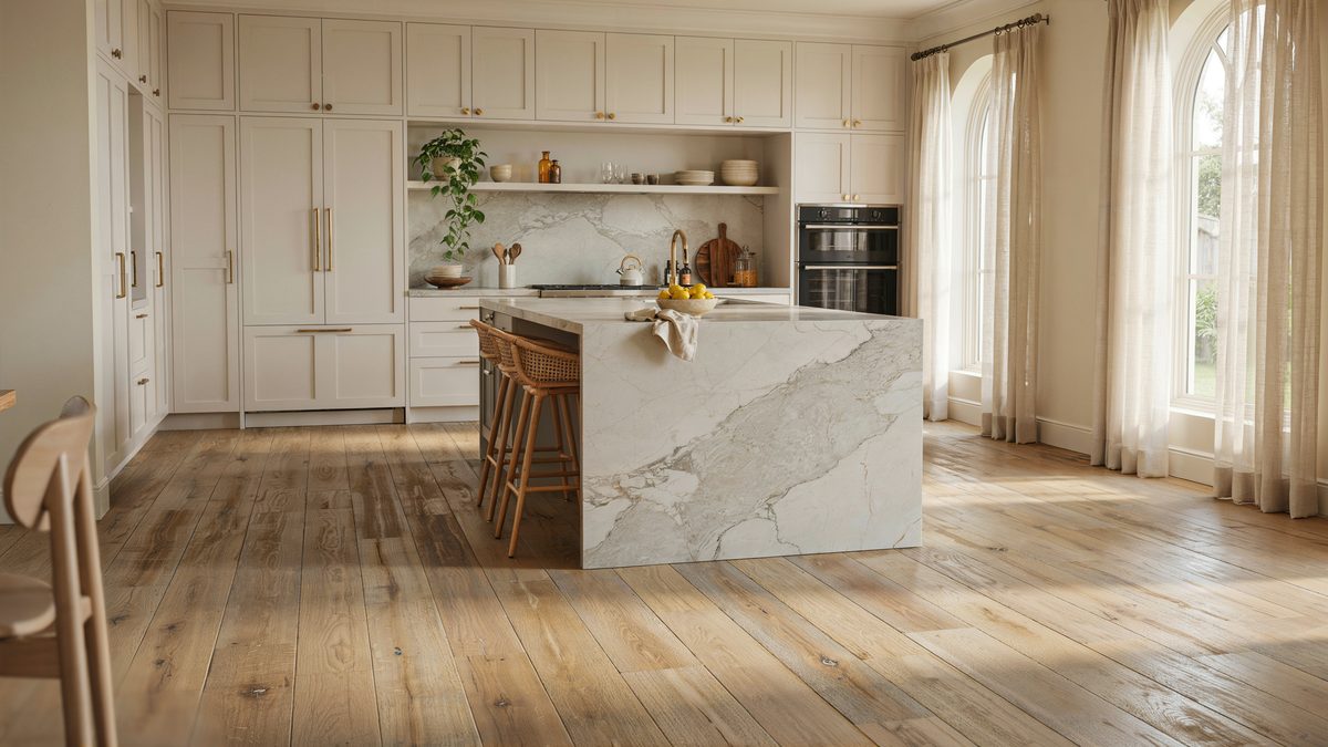 Cream luxury kitchen with marble waterfall island over wide plank distressed white oak