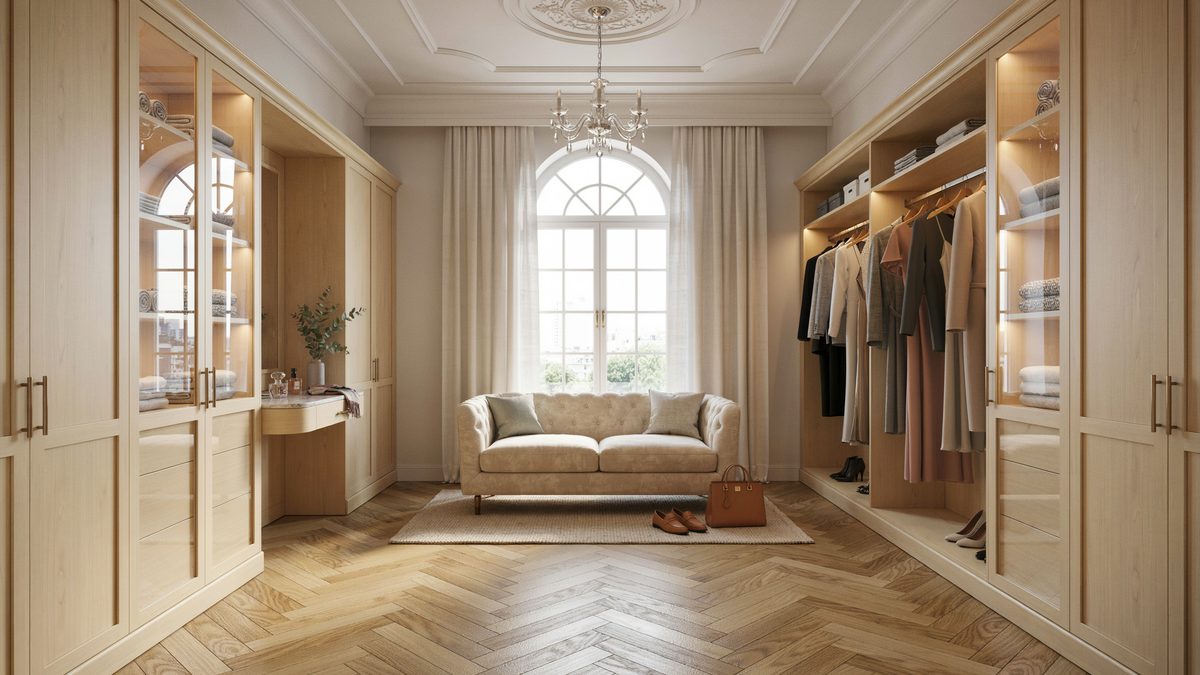 Walk in closet with herringbone parquet, a chandelier and a cream loveseat