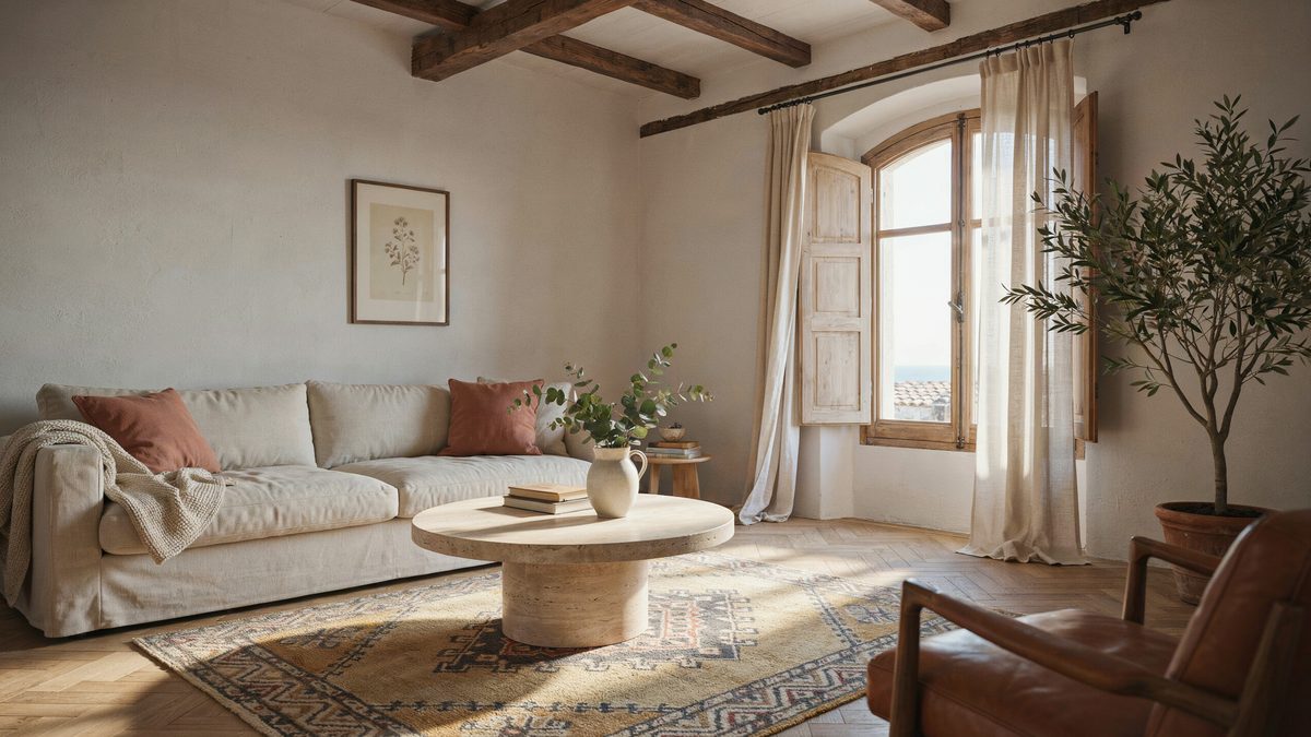Mediterranean sitting room with parquet floors, timber beams and an arched window