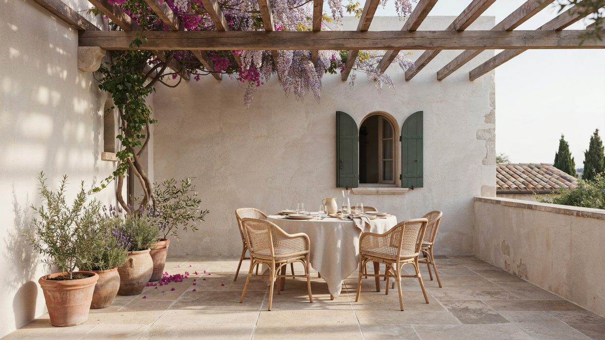 Mediterranean terrace pergola draped in wisteria above a round dining table