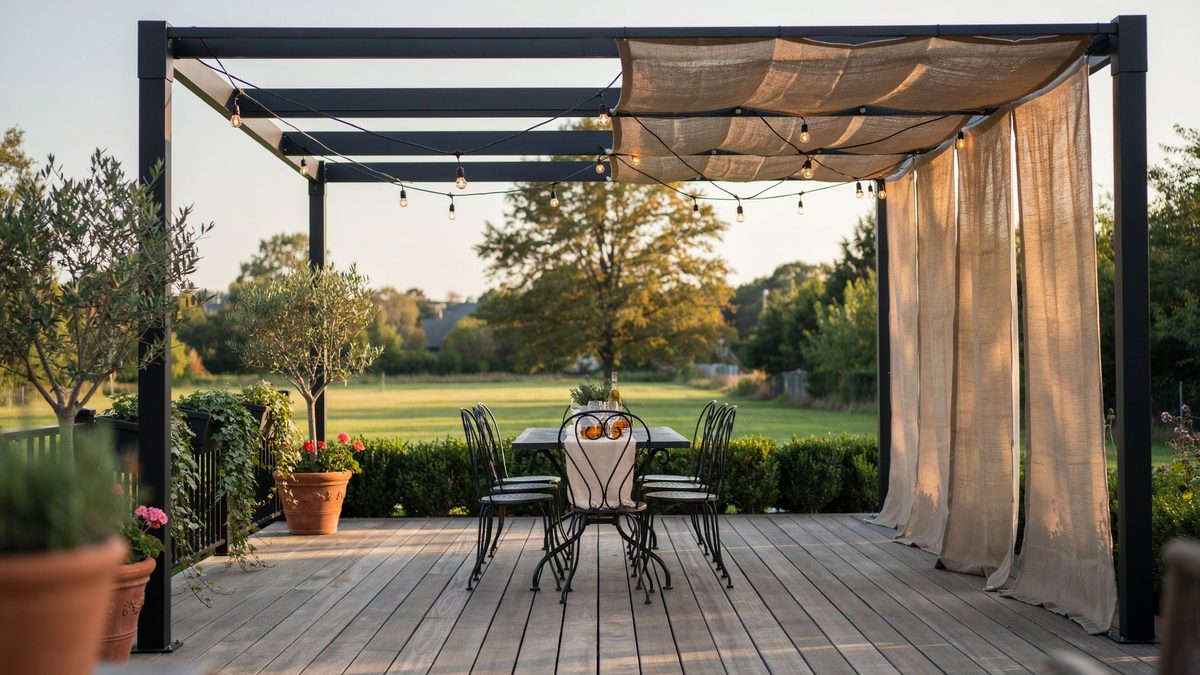 Black steel pergola with linen shade panel and hanging lights on decking