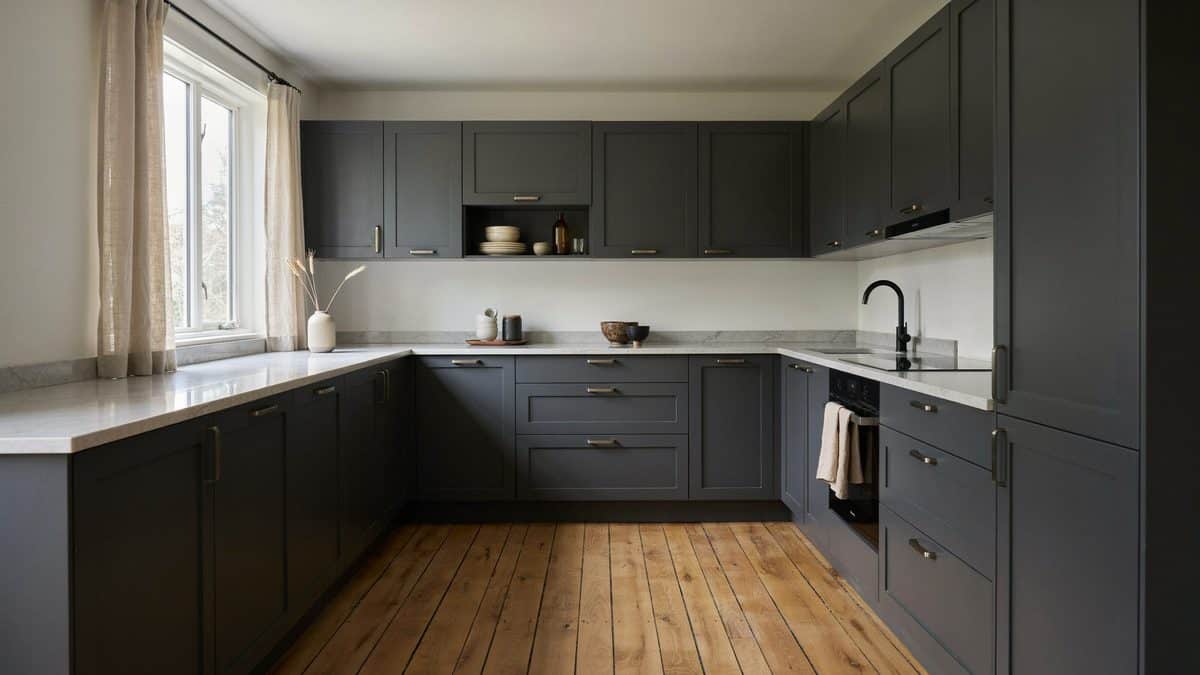 Dark gray cabinets with channel pull rails above honey wood flooring
