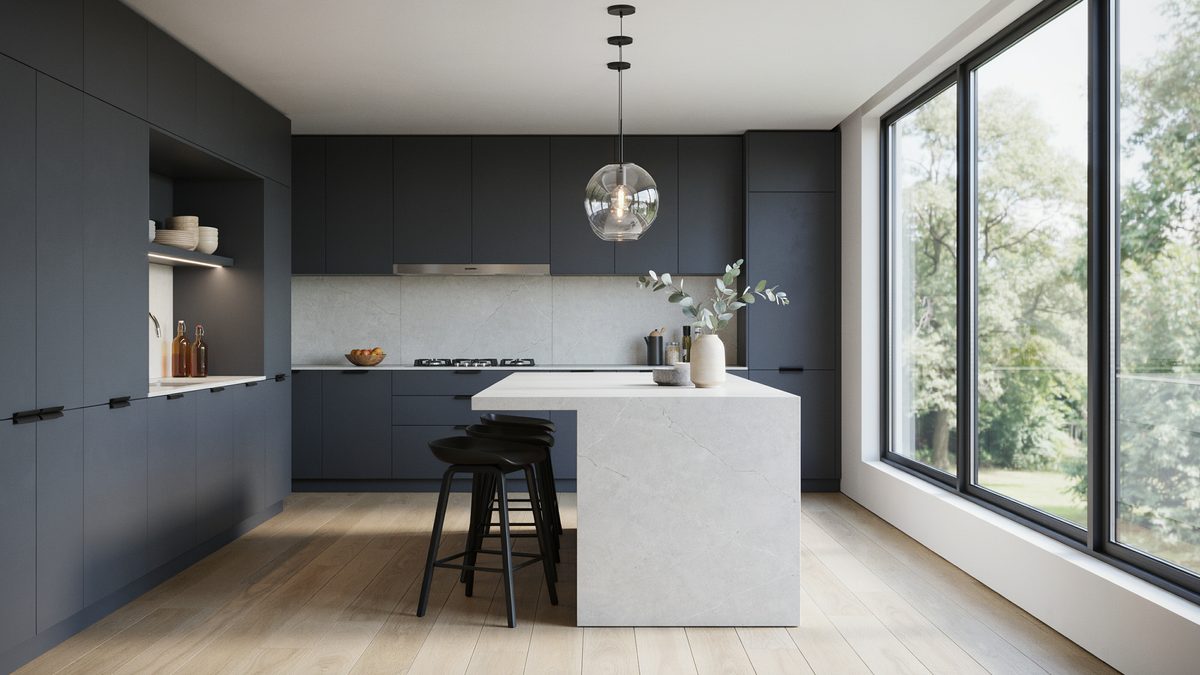 Charcoal cabinets with integrated pulls and a globe pendant over stone island