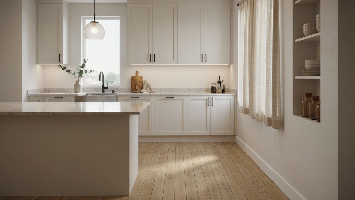 Smooth painted white cabinets and a slim island on birch flooring