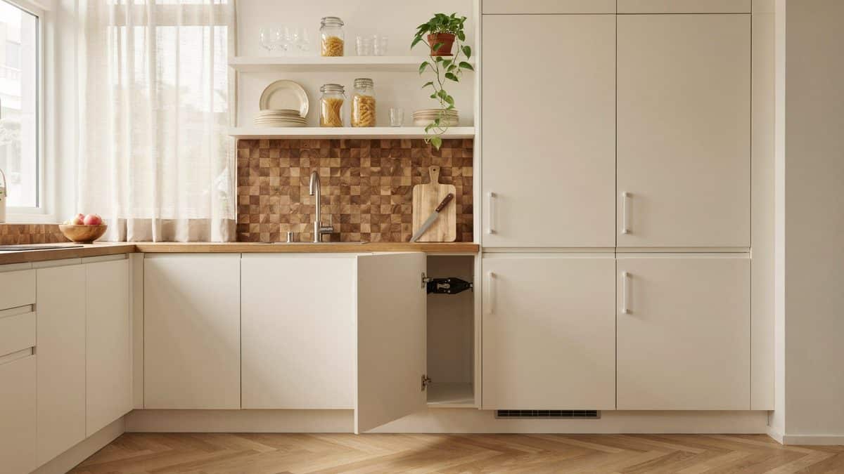 Cream cabinet standing open to show the hinge beside a brick backsplash